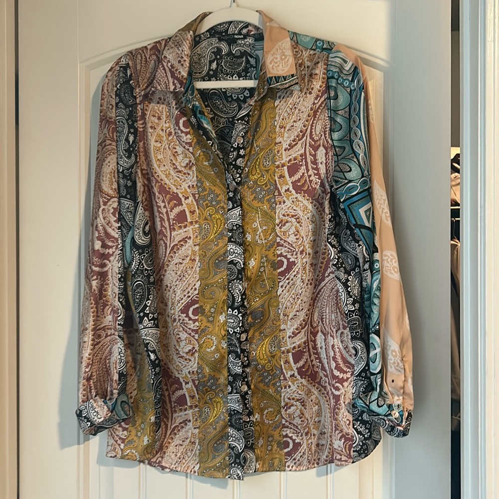 Multi- color silk button down shirt